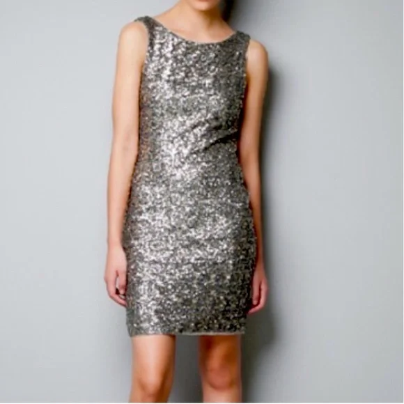 Zara | Dresses | Zara Silver And Gold Sequin Low Back Dress | Poshmark